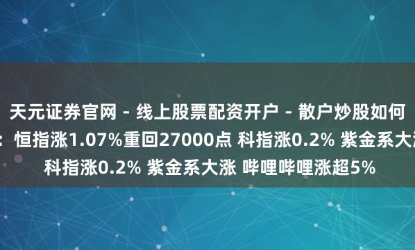 天元证券官网 - 线上股票配资开户 - 散户炒股如何杠杆注册 港股午评：恒指涨1.07%重回27000点 科指涨0.2% 紫金系大涨 哔哩哔哩涨超5%